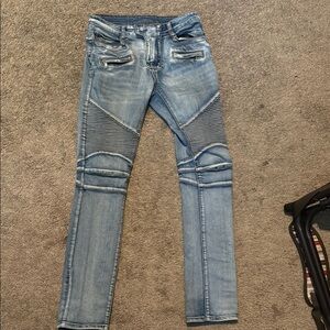 Balmain Light Blue Skinny Jeans with Biker Detailing